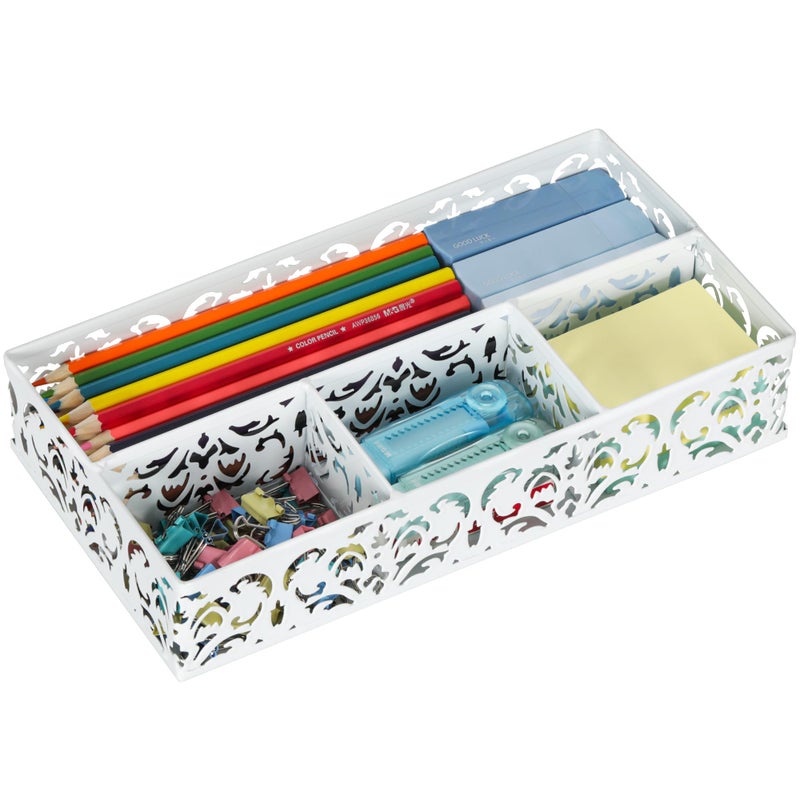 EasyPAG Desk Drawer Organizer with 4 Compartments, Carved Hollow Floral Metal Tray for Office, Jewelry, Cosmetics - No Assembly, White - Image 1